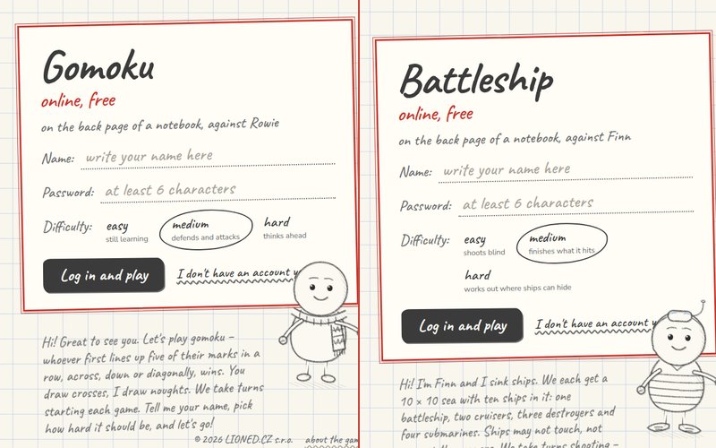Screenshots of Gomoku and Battleship online — drawn on squared notebook paper