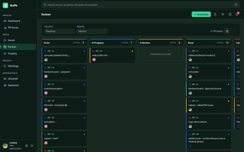 Screenshot of Jiraffe — project issue tracker with Kanban board and dashboard