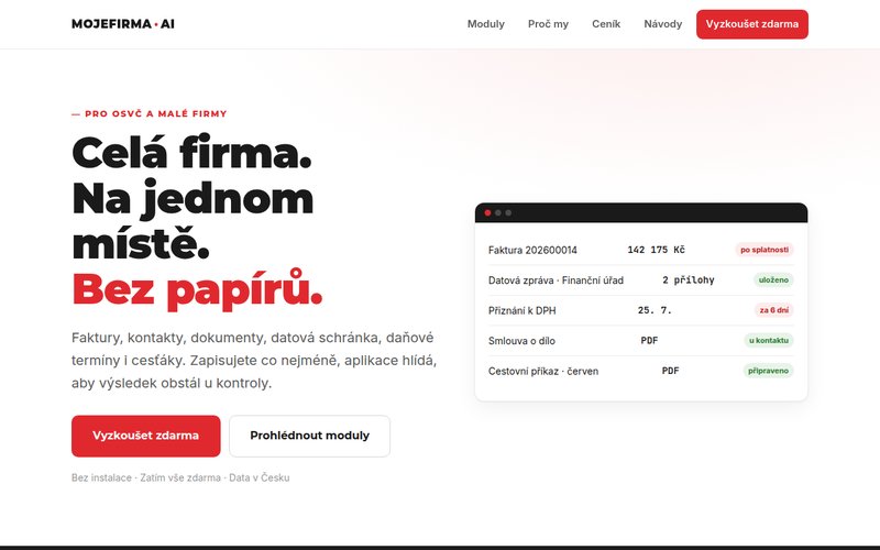 Screenshot of Mojefirma.ai — small business management: invoices, government data box, deadlines and travel orders
