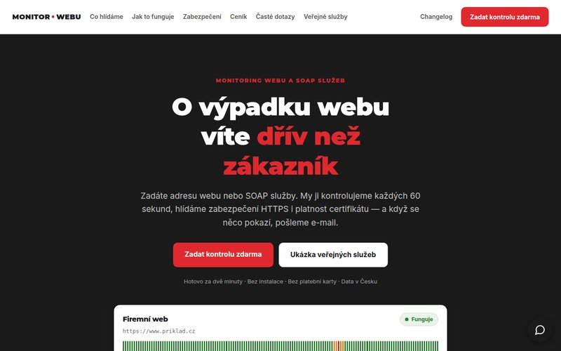 Screenshot of Monitor webu — uptime monitoring for websites, SOAP services and SSL certificates
