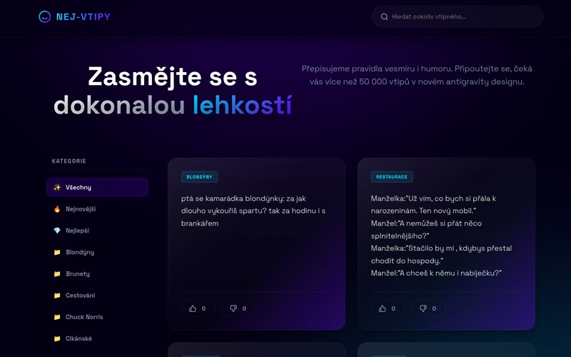 Screenshot of nej-vtipy.cz — Czech joke database with 50,000+ entries