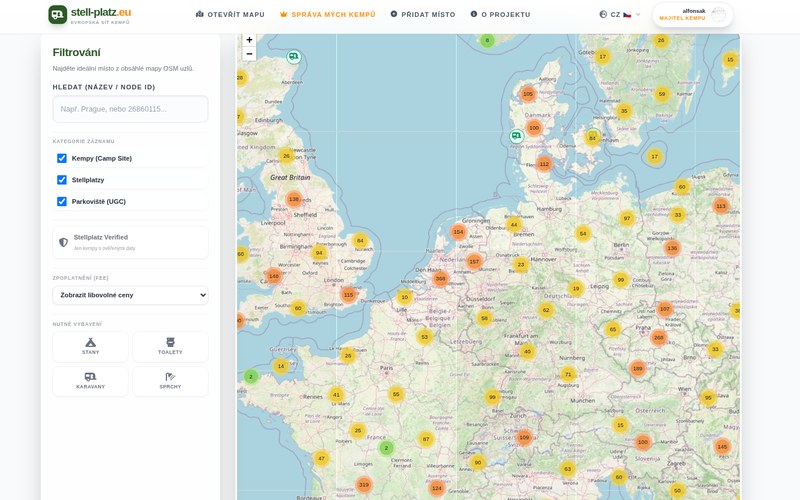Screenshot of Stellplatz.eu — interactive map of campsites and Stellplätze across Europe